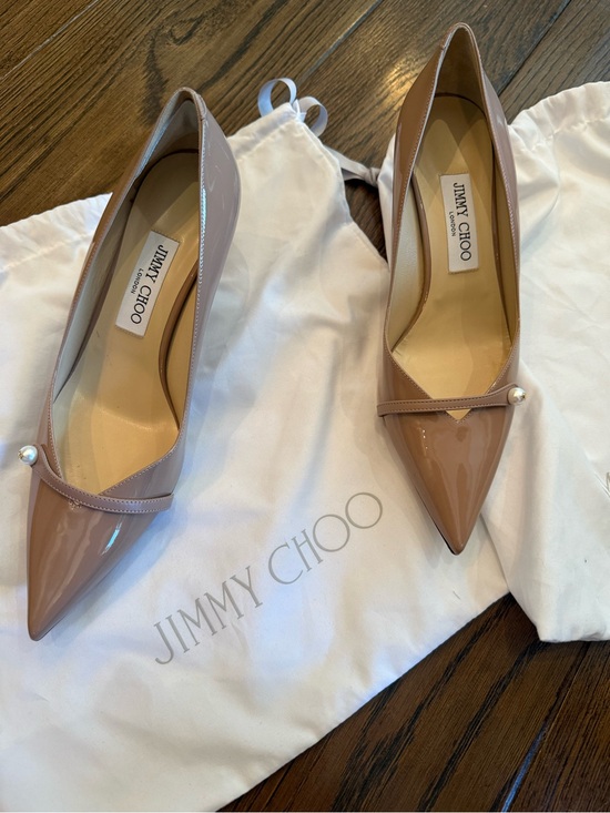 Jimmy Choo Shoes - Jimmy Choo Blush Patent Leather Pointed-Toe Pumps with Pearl Strap